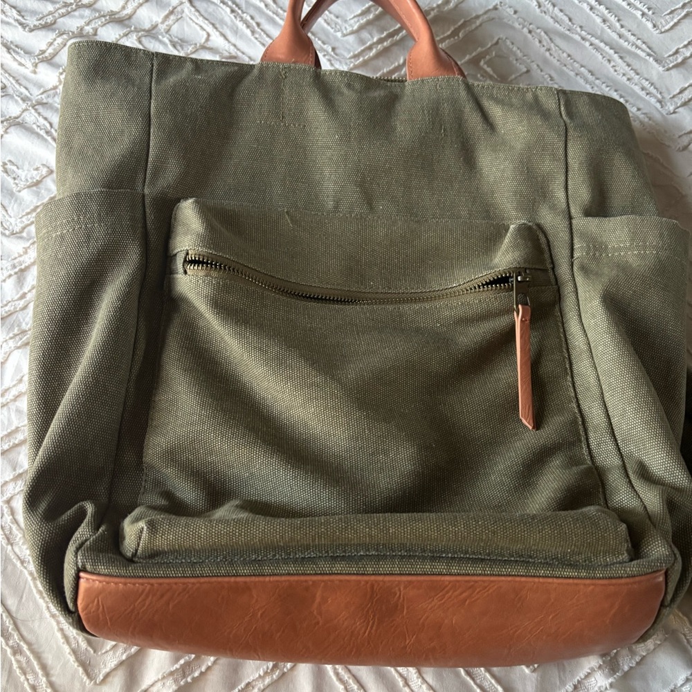 Olive Green Canvas Backpack with Tan Accents